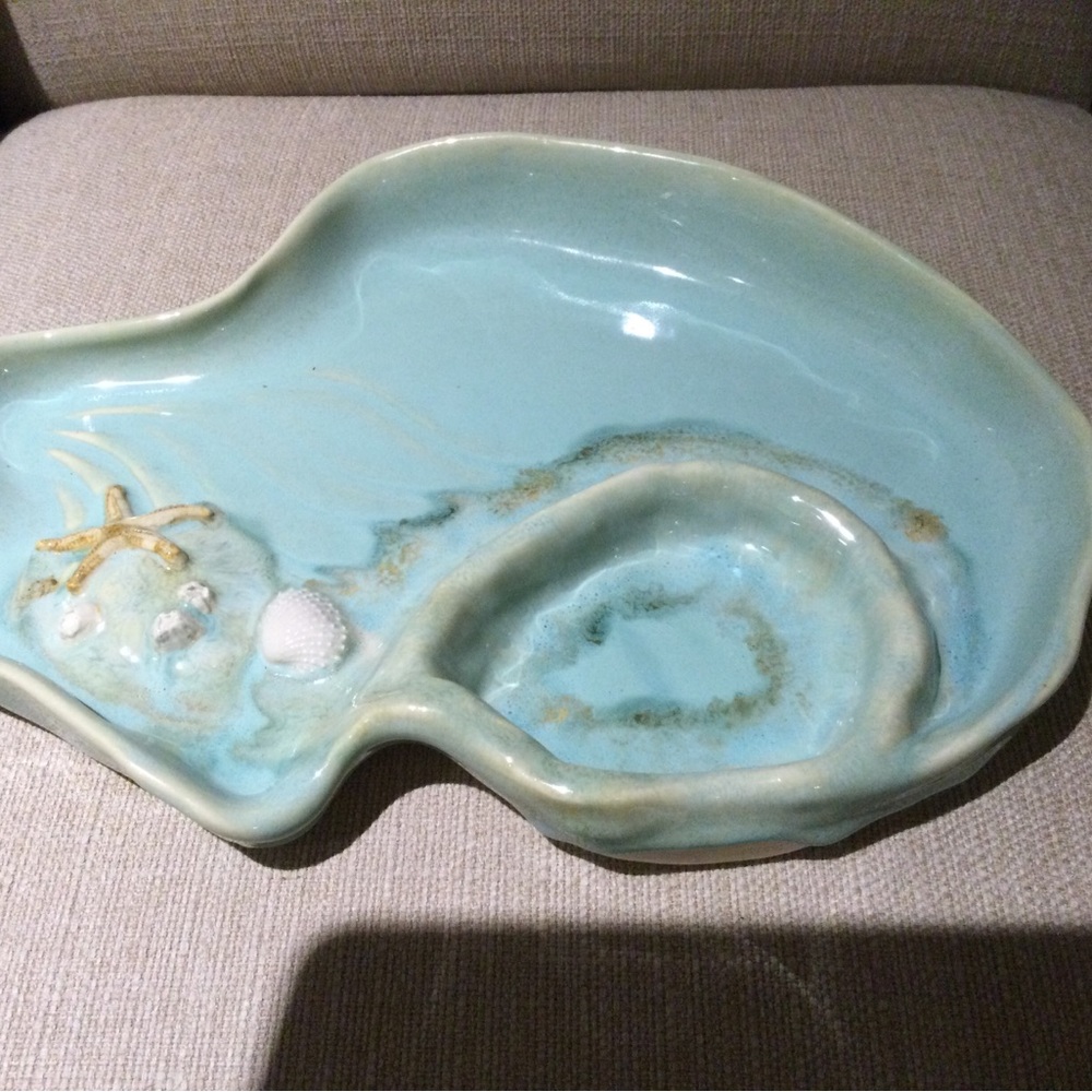 Mussels & More Pottery Nautical Dip Platter Aqua Ocean Starfish Barnacle